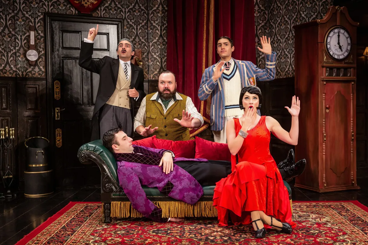 The Play That Goes Wrong cast on a disordered stage set